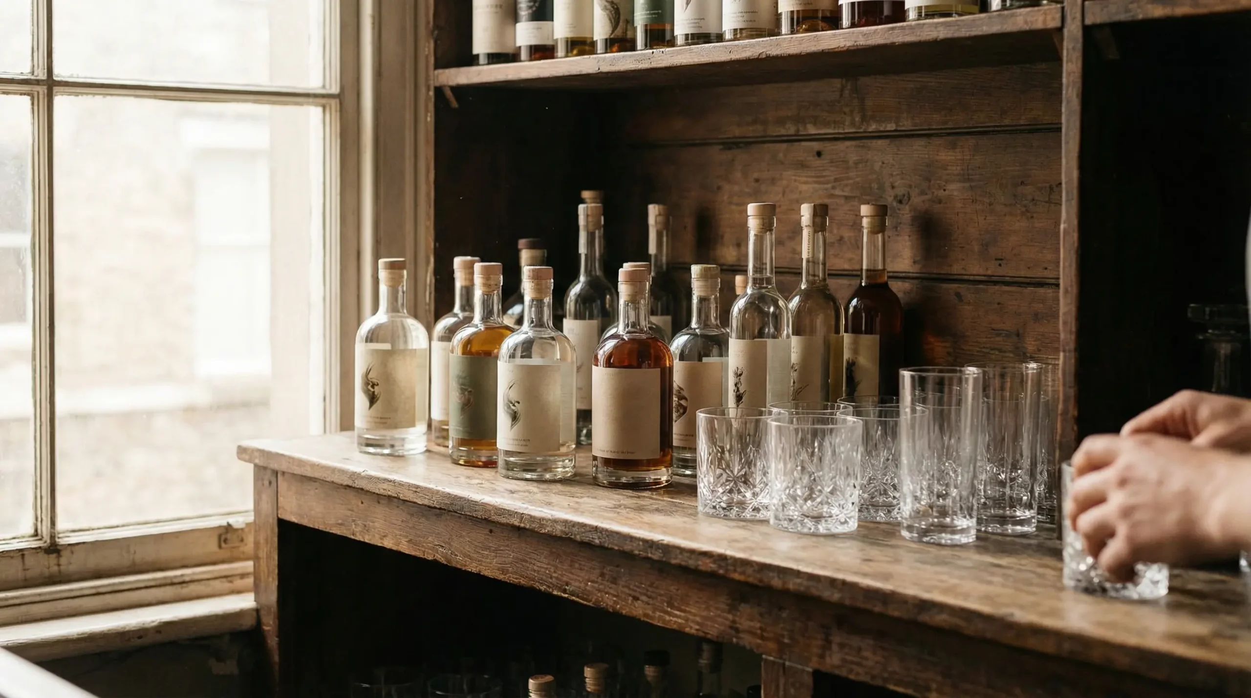 Sélection de bouteilles de spiritueux sans alcool Nona et SOVAGE sur étagère de bar moderne