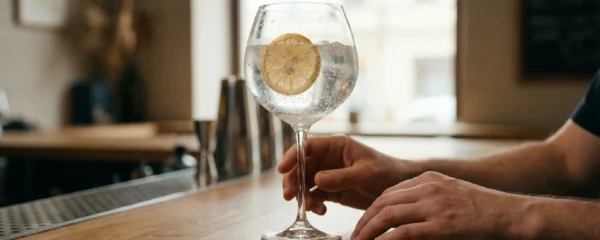 Mocktail gin tonic pétillant dans un verre ballon avec rondelle d'agrume sur comptoir de bar