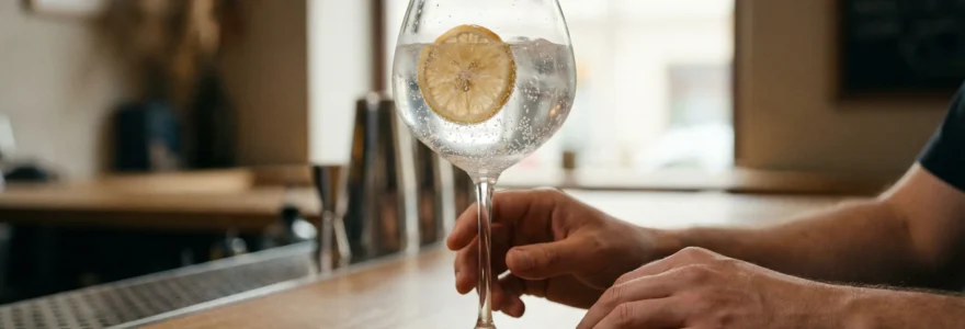 Mocktail gin tonic pétillant dans un verre ballon avec rondelle d'agrume sur comptoir de bar