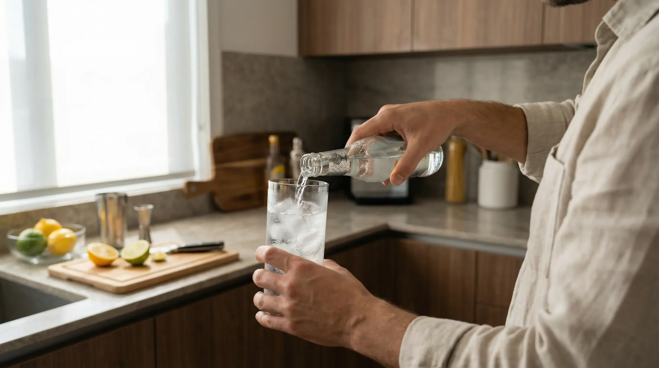 Préparation d'un mocktail gin tonic avec tonic versé dans verre rempli de glaçons