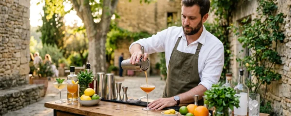 Un barman mixologue verse un cocktail dans un verre derrière un bar mobile dressé dans une cour provençale ensoleillée.