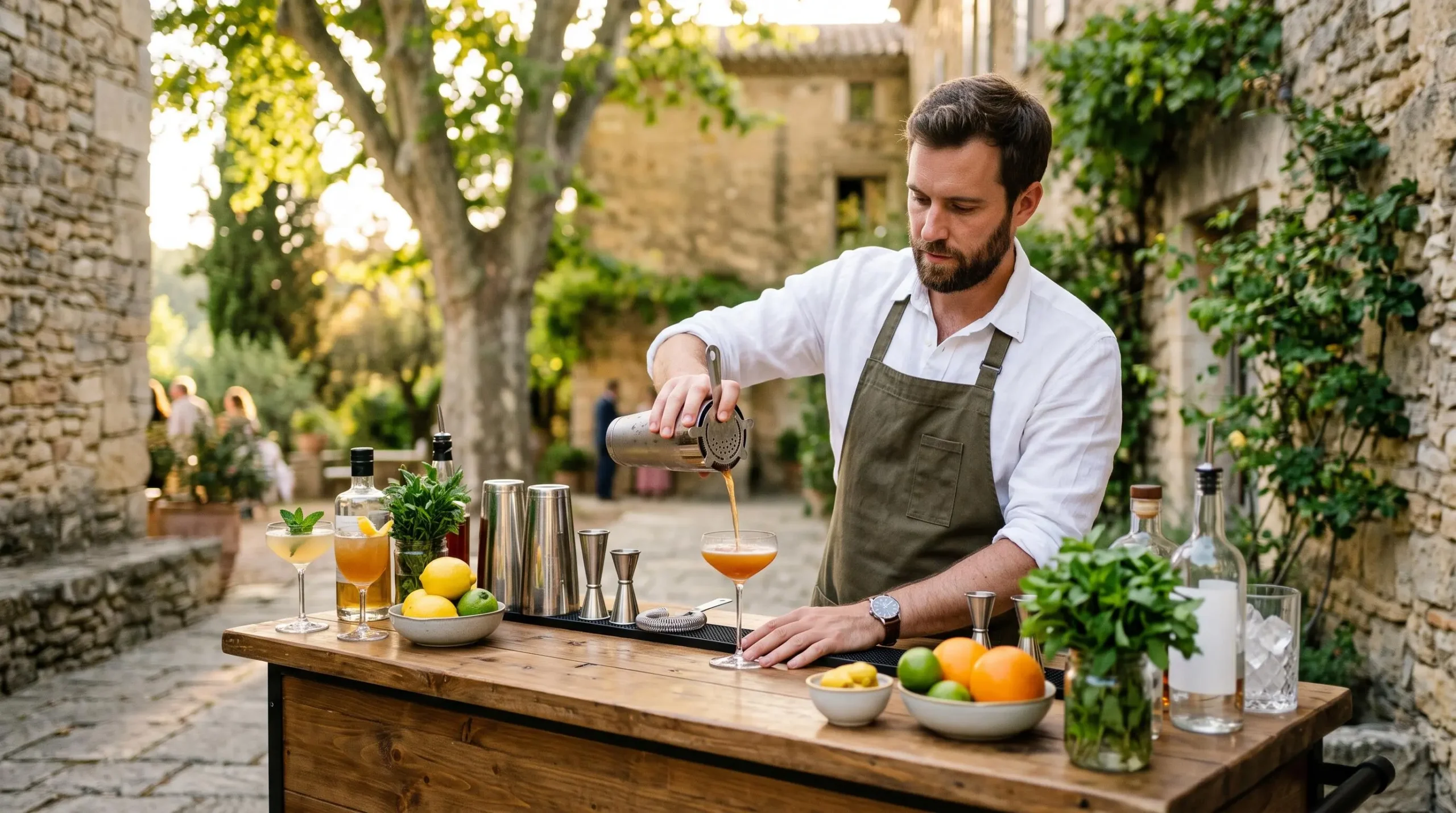 Un barman mixologue verse un cocktail dans un verre derrière un bar mobile dressé dans une cour provençale ensoleillée.