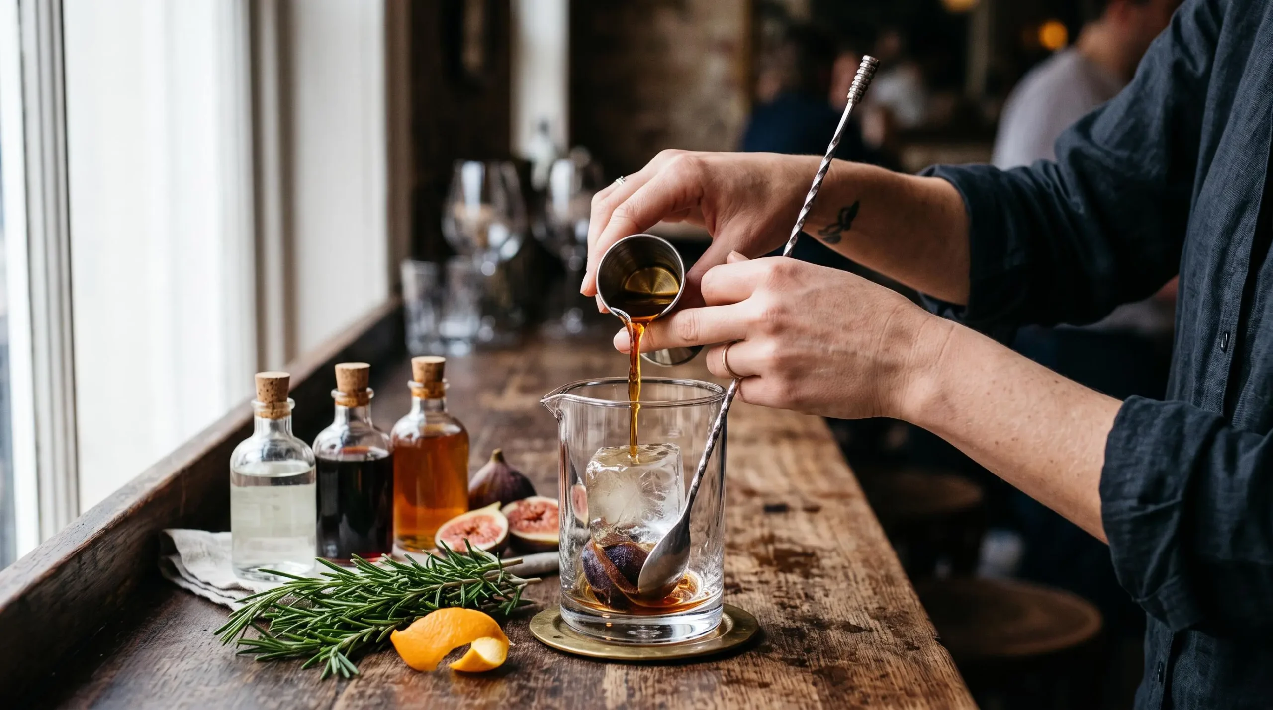 Les mains d'un mixologue dosent un sirop au jigger pour préparer un cocktail personnalisé avec fruits et herbes fraîches.
