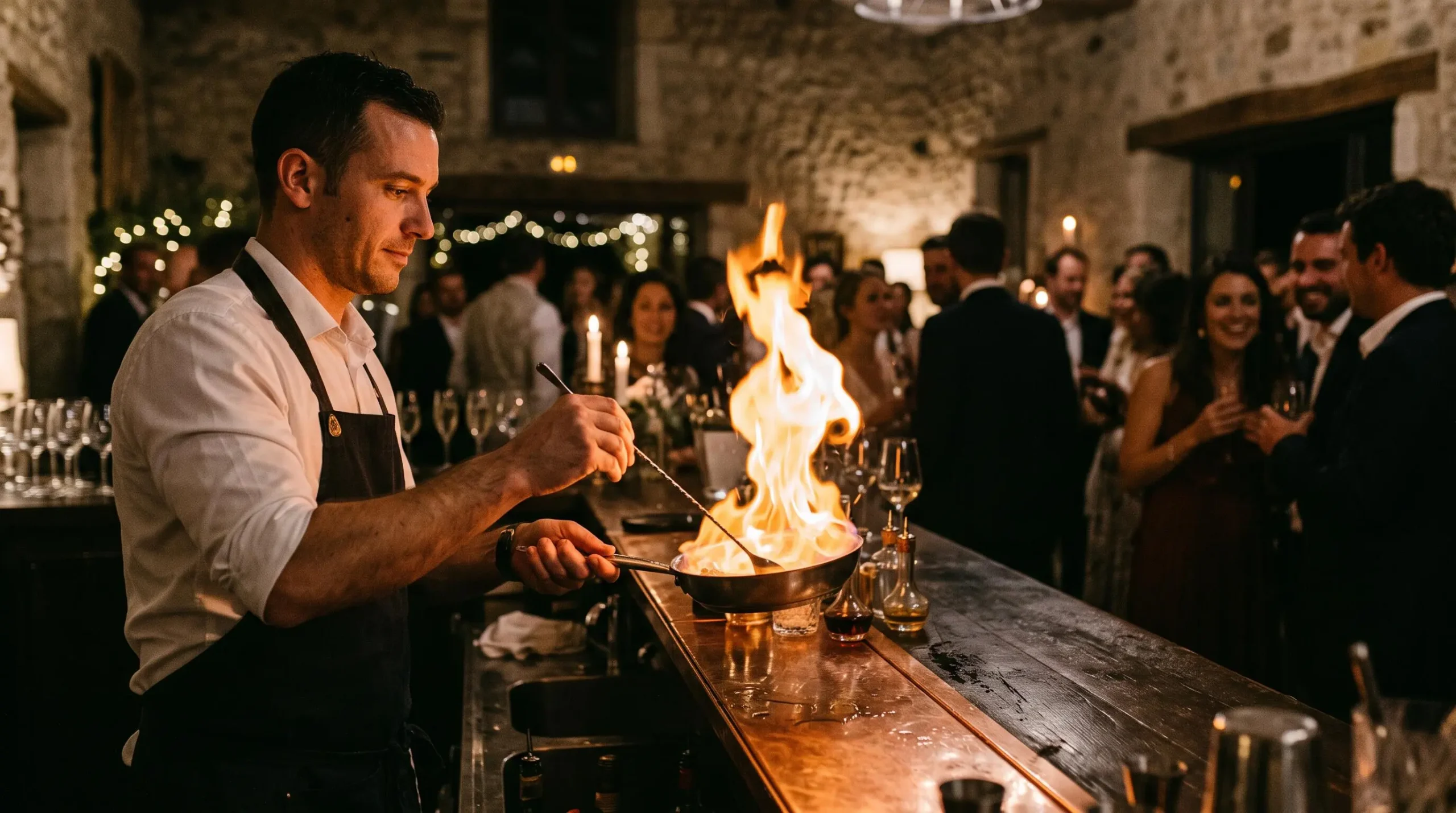 Un mixologue réalise un flambage spectaculaire au bar lors d'une réception de mariage en intérieur.